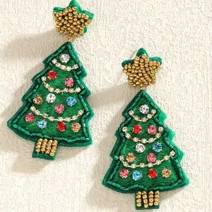 Christmas Tree Star Green Beaded Earrings